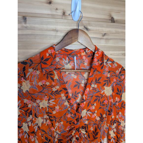 Free People Top Womens Small Orange Floral Mesh Button Front Fitted Blouse Boho - Picture 2 of 10